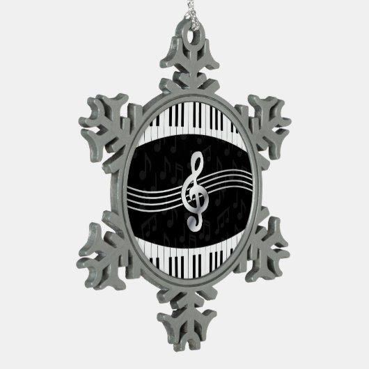 曲がったピアノ鍵と高音クレフ、 音符記号 スノーフレークピューターオーナメント (左)