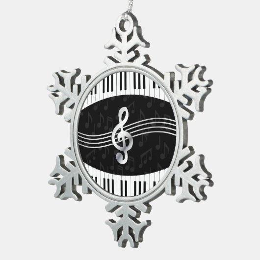 曲がったピアノ鍵と高音クレフ、 音符記号 スノーフレークピューターオーナメント (右)