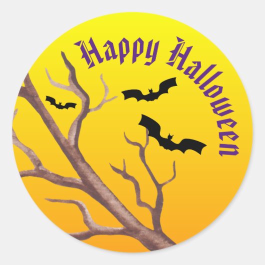 曲がった木の枝、こうもりと満月 ラウンドシール (正面)