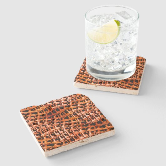 曲がった波状の珊瑚礁の網目、オレンジ色と赤 ストーンコースター (横)