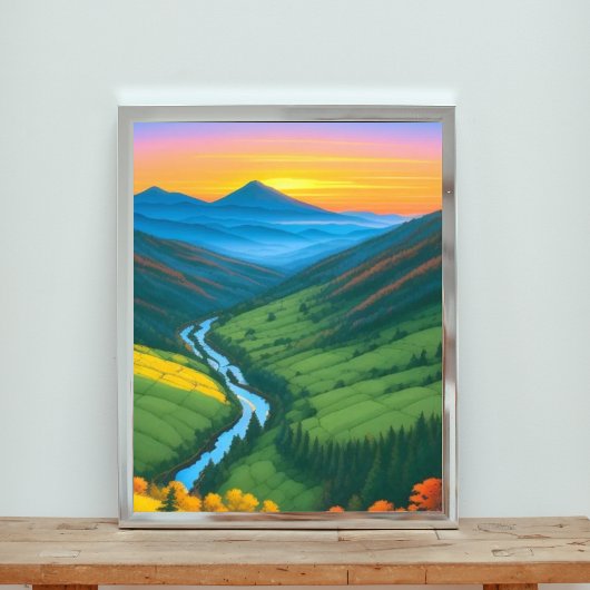 曲がりくねった川に沈む穏やかな夕日 フォトプリント           