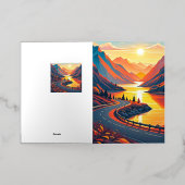 曲がりくねった道を走る。景色の良い旅。夕焼け。 箔グリーティングカード (外側レイダウン)