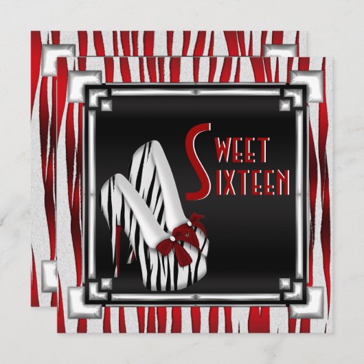 曲げられたシマウマのスチレットヒールの赤い白黒の菓子16 招待状 (正面/裏面)