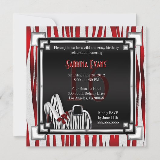 曲げられたシマウマのスチレットヒールの赤い白黒の菓子16 招待状 (裏面)