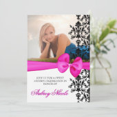 曲げられたダマスク織は5 x 7招待アクセントを置きました[ピンク] 招待状 (スタンド正面)