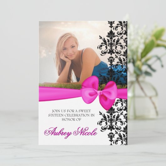 曲げられたダマスク織は5 x 7招待アクセントを置きました[ピンク] 招待状 (スタンド正面)