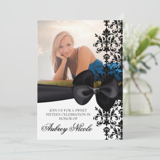 曲げられたダマスク織は5 x 7招待アクセントを置きました[黒] 招待状 (スタンド正面)