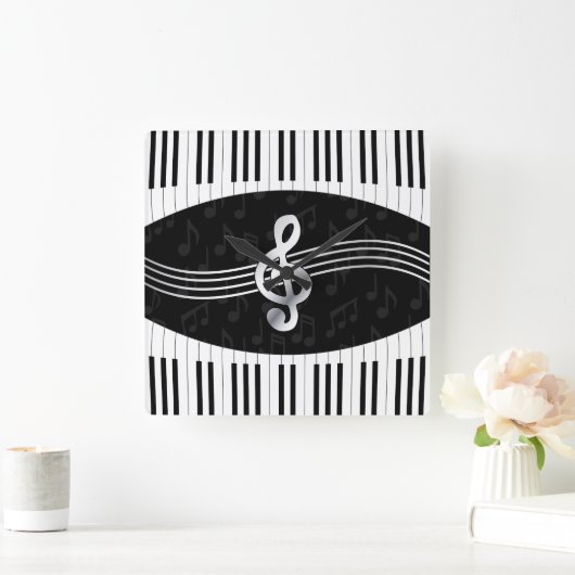 曲げられたピアノ鍵およびト音記号 スクエア壁時計 (ホーム)