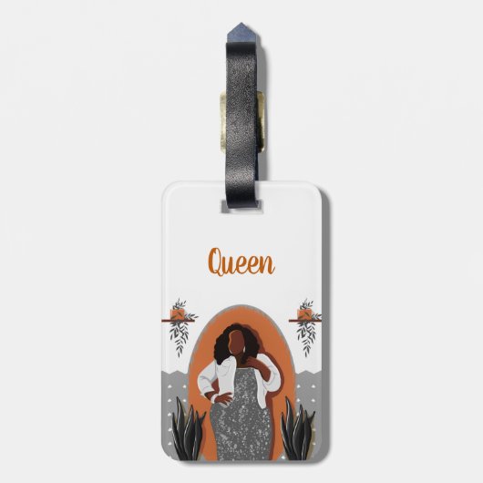 曲率,黒人女性,観葉植物,オレンジとグレー ラゲッジタグ (裏面縦)