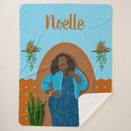 曲率，黒人女性，観葉植物，オレンジと青 シェルパブランケット
