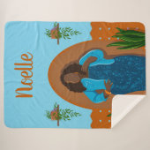 曲率，黒人女性，観葉植物，オレンジと青 シェルパブランケット (正面(横))