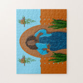 曲率,黒人女性,観葉植物,オレンジと青 ジグソーパズル (縦)