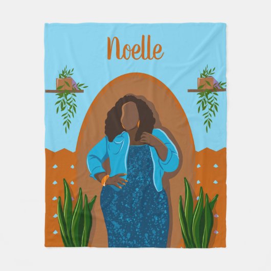 曲率，黒人女性，観葉植物，オレンジと青 フリースブランケット (正面)