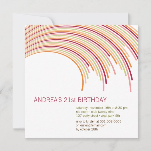 曲線カラフルストライプモダン21歳の誕生日パーティー 招待状 (正面)
