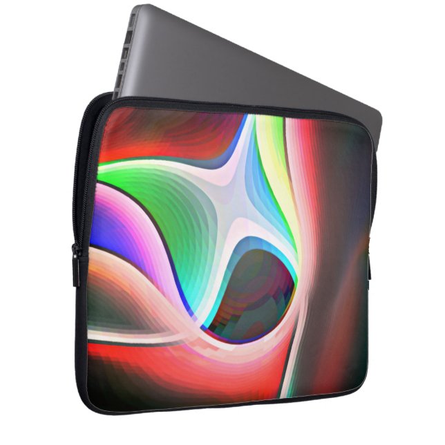 曲線状の切り抜きの色付き抽象芸術シェイプがオーバーレイ表示される ラップトップスリーブ (正面右)