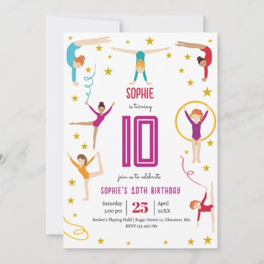 曲芸と体操のスポーツ女の子の誕生日 招待状 (正面)