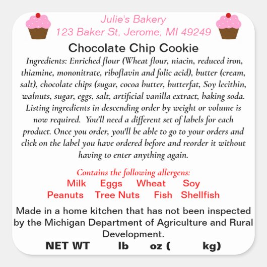 更新されたミシガン州コテージ食品法ラベル スクエアシール (正面)