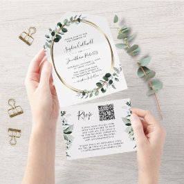 更新されたユーカリ金ゴールドQRコードRSVP 結婚's オールインワン招待状