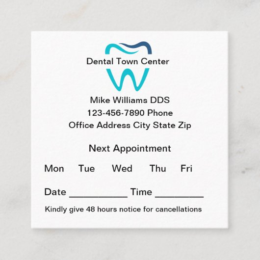 更新された歯科医アポイントメントリマインダー名刺 予約カード (正面)