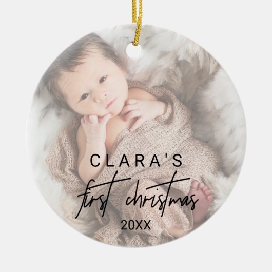 書お洒落跡の色あせた写真初めてのクリスマス セラミックオーナメント (正面)