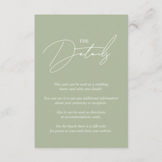 書お洒落跡セージ緑のQR結婚の エンクロージャーカード (正面)
