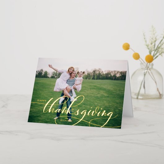 書お洒落道Happy Thanksgiving写真 箔シーズンカード (金色の花)