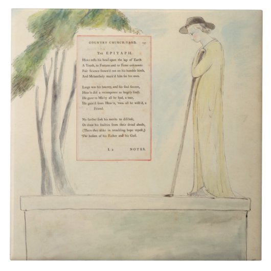 書かれる哀歌からの墓碑銘を、読んでいる羊飼い タイル (正面)