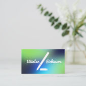 書きモダン込み型ホログラフィックブルーグリーンターコイズ 名刺 (スタンド正面)