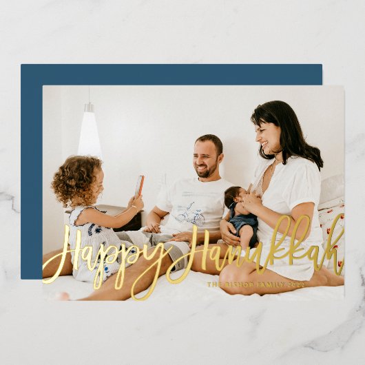 書はっきりしたモダン書Happy Hanukkah写真 箔シーズンカード (正面/裏面)