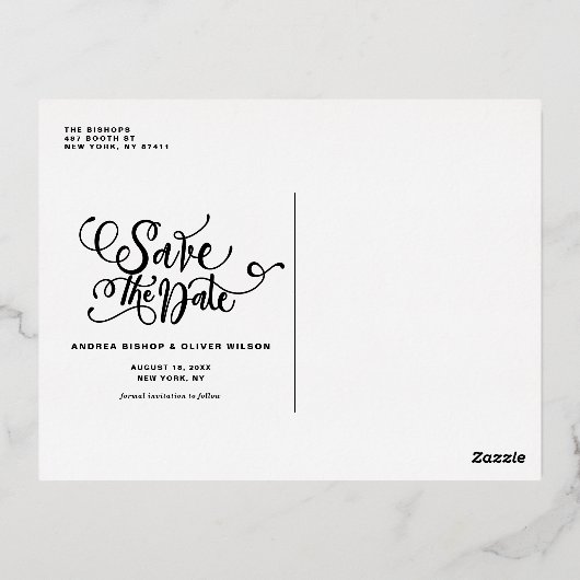 書はっきりしたモダン跡の写真の保存日付 箔招待状ポストカード (裏面)