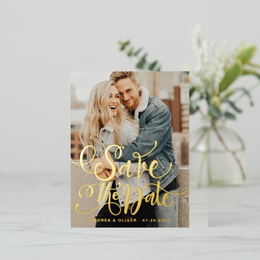 書はっきりしたモダン跡の写真の保存日付 箔招待状ポストカード (立ち正面)