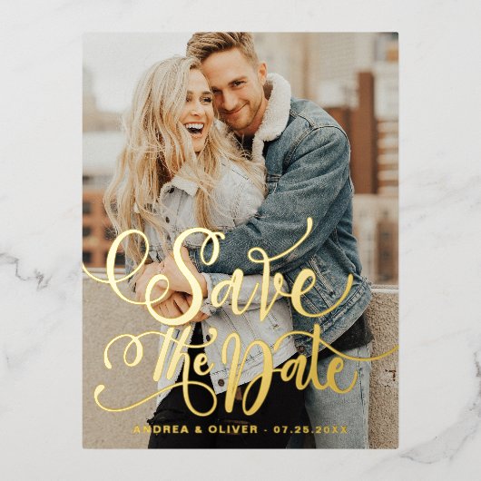 書はっきりしたモダン跡の写真の保存日付 箔招待状ポストカード (正面)