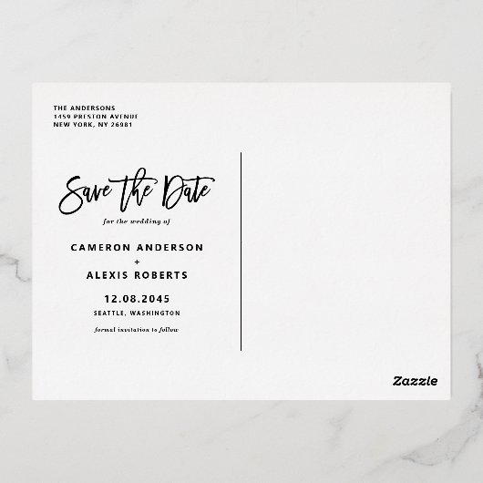 書はっきりしたモダン跡の写真金ゴールドを保存 箔招待状ポストカード (裏面)