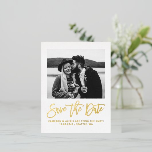 書はっきりしたモダン跡の写真金ゴールドを保存 箔招待状ポストカード (立ち正面)