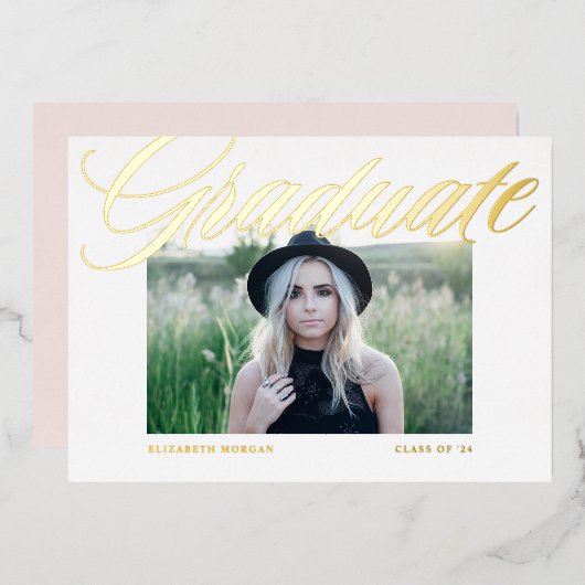 書エレガントはっきりした道写真卒業金ゴールド 箔招待状 (正面/裏面)