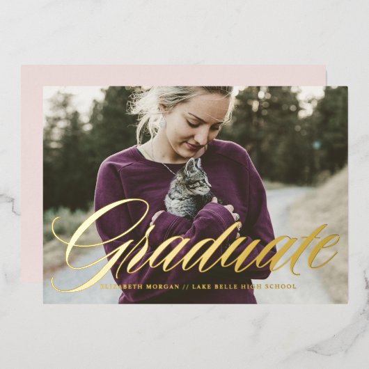 書エレガントはっきりした道写真卒業金ゴールド 箔招待状 (正面/裏面)