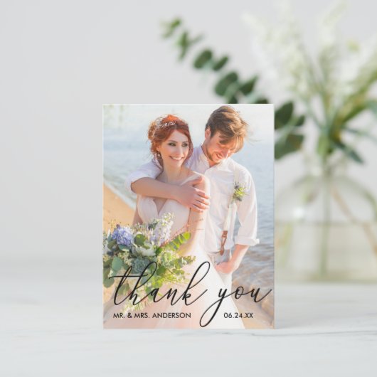 書エレガントモダンの写結婚真ありがとう ポストカード (スタンド正面)