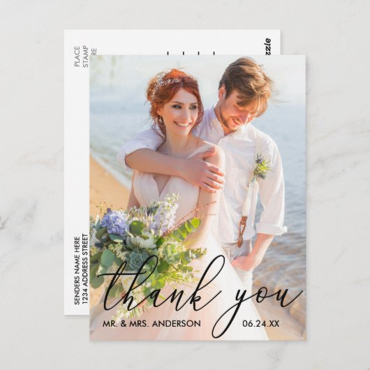 書エレガントモダンの写結婚真ありがとう ポストカード (正面/裏面)