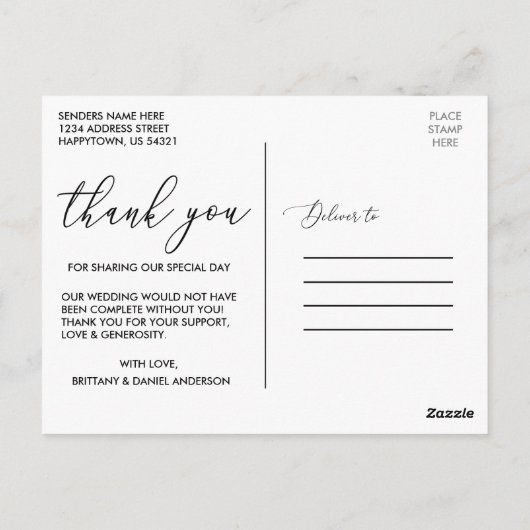 書エレガントモダンの写結婚真ありがとう ポストカード (裏面)