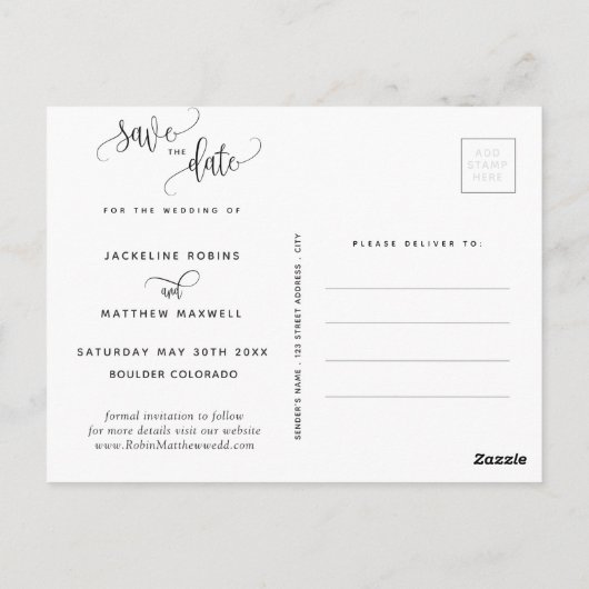 書エレガントモダン式の結婚式の日付の保存 ポストカード (裏面)