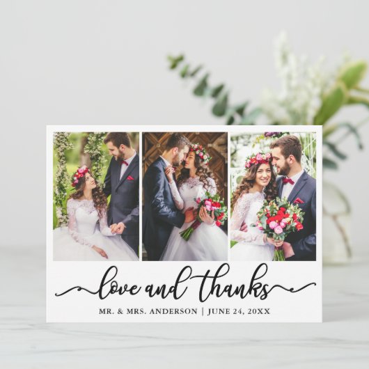 書エレガント好感謝してい結婚の3枚の写真 サンキューカード (スタンド正面)