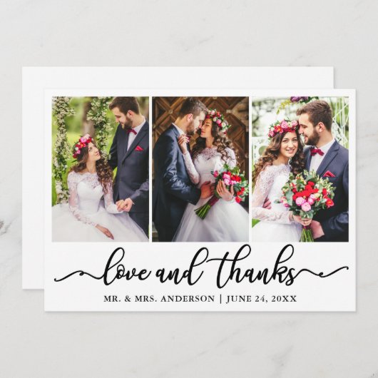 書エレガント好感謝してい結婚の3枚の写真 サンキューカード (正面/裏面)