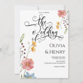 書エレガント字スクリプシンプルトフローラ結婚の 招待状 (正面)