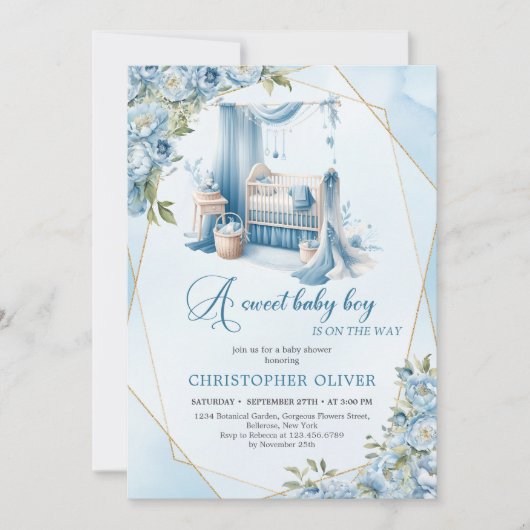 書エレガント字ベビーcribフローラ少年 招待状 (正面)