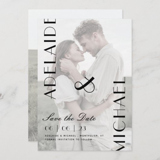 書エレガント式結婚式の日付の写真を保存 招待状 (正面/裏面)