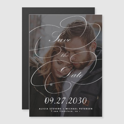 書エレガント救跡の写結婚真の日付 マグネット招待状 (正面/裏面)