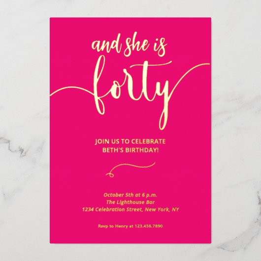 書エレガント書ピンク40誕生日カード招待状 箔招待状 (正面)