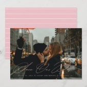 書エレガント記日付を保存フォト赤面ピンク 招待状 (正面/裏面)