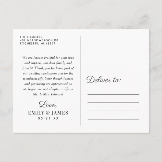 書エレガント跡の写結婚真ありがとう ポストカード (裏面)