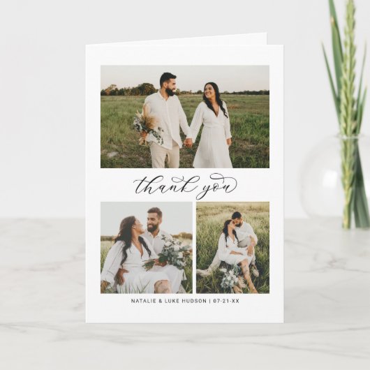 書エレガント跡の結婚写真コラージュ サンキューカード (正面)
